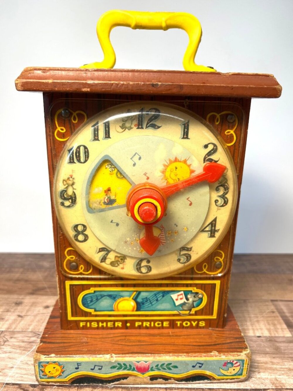 Vintage Fisher-Price Musical Tick-Tock Teaching Clock Wood & Plastic 1962